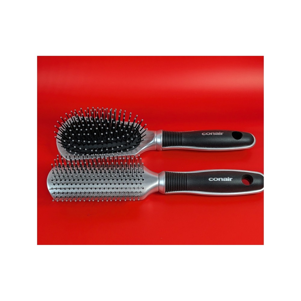 Conair Hair Brush Set 2 Piece Silver Black Cushion Paddle Detangling Brushes